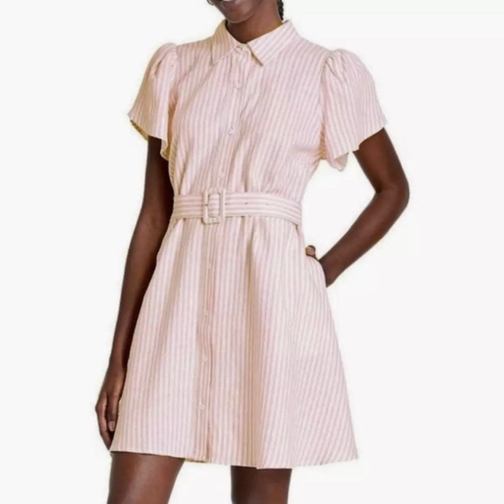 Alexis x Target Womens Striped Tulip Sleeve Belted Shirtdress Size XS Pink White